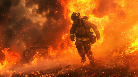 Intense scene of a firefighter in full gear running towards a massive fire, with flames and a bright orange glow engulfing the surroundingsの素材