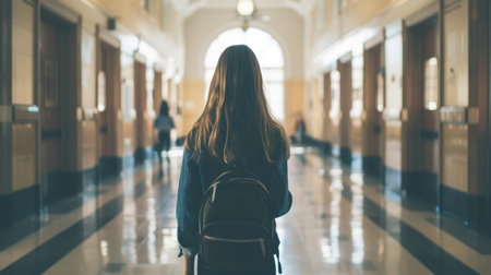 Solitary girl with a backpack in an empty school hallway, capturing a reflective and serene atmosphere.の素材