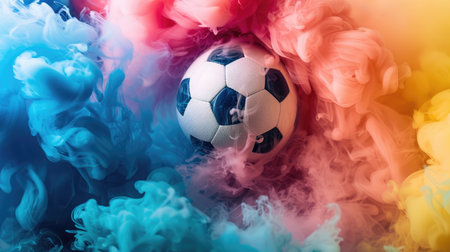 Colorful smoke around a monochromatic soccer ball, highlighting the intensity and excitement of sports.の素材