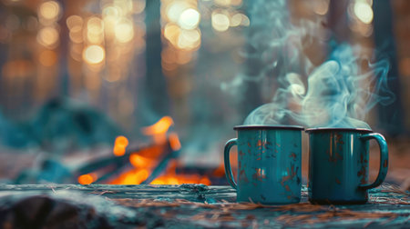 Steaming enameled camping glasses, with a blurred background of campfires and forests, representing cozy outdoor scenes.の素材