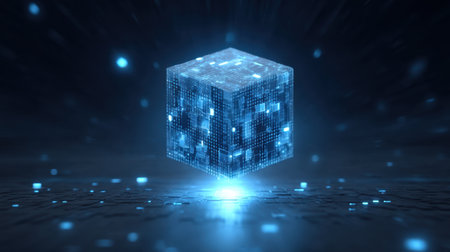 A captivating digital cube emits a blue glow, representing advanced technology and data transformation, set in a futuristic environment with dynamic lighting effects.の素材