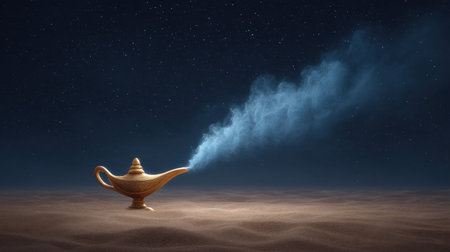 A captivating gold lamp rests in soft desert sand, releasing a magical mist into the starry night sky, inviting viewers into a world of dreams and endless adventures.の素材