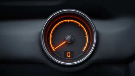 This image captures a detailed view of a vehicle's speedometer with an orange indicator showing zero, set against a dark background, ideal for automotive themes.の素材