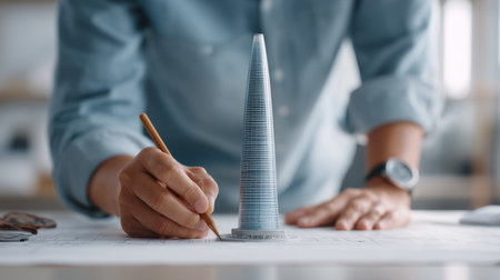 A designer carefully works on a model of a modern tower in a bright workspace, showcasing the creative process and attention to detail in architectural design work.の素材
