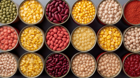 A vibrant arrangement of assorted canned vegetables and legumes showcases a variety of colors and textures, perfect for food photography and culinary inspiration.の素材