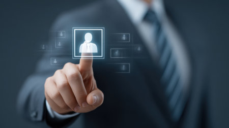 A businessman engages with a digital interface, selecting a profile icon that symbolizes networking and technology in a modern office setting, showcasing innovation.の素材