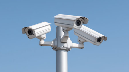 Three security cameras mounted on a pole provide extensive surveillance coverage in an open environment, ensuring safety and monitoring around the area.の素材