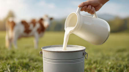 A serene rural scene showcases a person pouring fresh milk from a white jug into a metal bucket, with a cow grazing peacefully in a lush green field.の素材