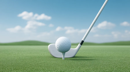 A pristine golf ball sits atop a white tee, poised for a powerful swing. A golf club hovers above on a vibrant green course, with a clear blue sky enhancing the scene.の素材