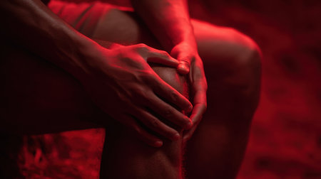 This intimate image captures a person's hands resting on their knee, illuminated by soft red light. The mood evokes feelings of contemplation and vulnerability.の素材