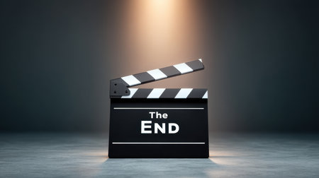 A clapperboard featuring the text 'The End' is illuminated by a dramatic spotlight against a dark background, representing the conclusion of a film or story.の素材