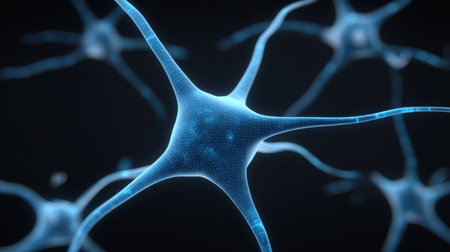 This image showcases an abstract view of glowing blue neurons, capturing intricate details and neural connections against a dark backdrop, perfect for educational and scientific use.の素材