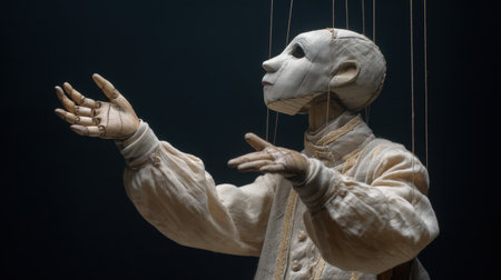 A captivating close-up of a vintage puppet, skillfully designed with expressive features and delicate hands, illustrated against a dark background with dramatic lighting.の素材
