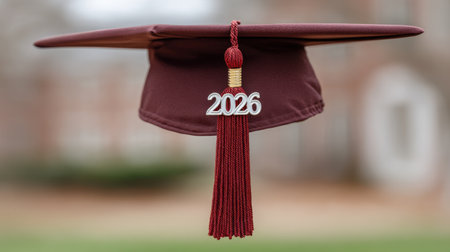 A vibrant graduation cap featuring a maroon tassel and the year 2026, symbolizing academic success and marking an important milestone in one's educational journey.の素材