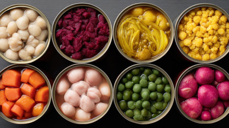 A vibrant and colorful assortment of pickled vegetables and fruits displayed in cans, showcasing an array of colors and textures perfect for culinary inspiration.の素材
