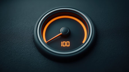 This image captures a detailed view of a speedometer displaying one hundred, highlighting modern design elements with an orange and black color scheme, perfect for automotive themes.の素材