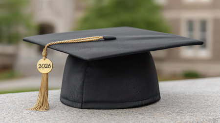 A sophisticated black graduation cap featuring a golden tassel and year tag 2026, placed on a stone surface against a blurred academic background, symbolizing achievement.の素材