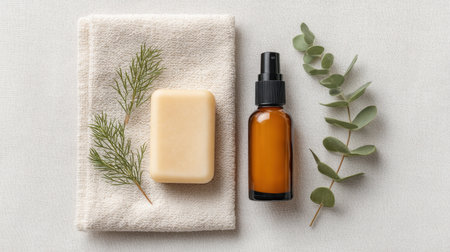 Discover a serene arrangement of natural skin care essentials featuring a bar of soap, a facial mist in a bottle, and green eucalyptus leaves, ideal for relaxation.の素材
