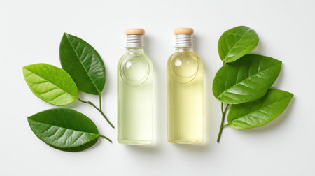 Two bottles of essential oil sit alongside vibrant green leaves, symbolizing nature and wellness. Ideal for promoting aromatherapy and natural beauty themes.の素材