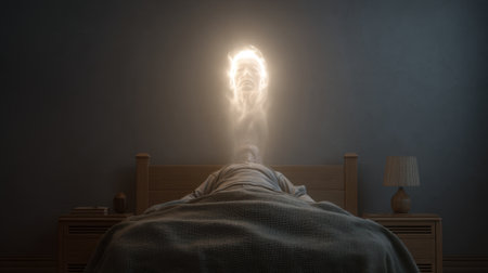 A surreal depiction of ethereal energy rising from a sleeping individual, creating a dreamlike atmosphere in a modern bedroom, evoking deep thoughts on consciousness.の素材