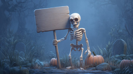 A playful skeleton stands in a misty graveyard, holding a blank sign and surrounded by pumpkins. Perfect for Halloween-themed decorations and creative storytelling.の素材