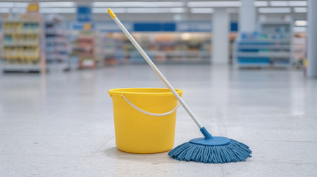 A bright yellow cleaning bucket and a blue mop are positioned on a smooth floor in a store space, illustrating cleaning supplies used for maintenance and hygiene tasks.の素材