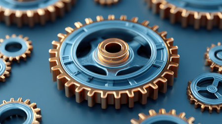 A captivating close-up of metallic gears featuring a mix of blue and copper tones, showcasing intricate details. Perfect for themes related to technology and engineering.の素材