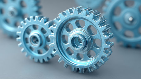 This image features a close-up of shiny blue metal gears, showcasing intricate details and smooth surfaces, perfect for illustrating industrial and mechanical themes.の素材