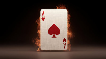 A dramatic ace of spades card surrounded by flames on a dark background. This striking image captures themes of luck and excitement in gambling and gaming.の素材