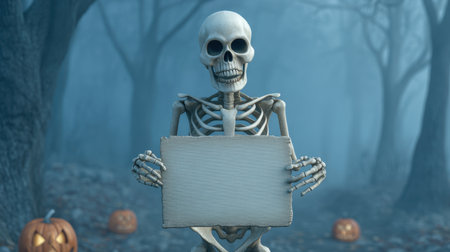This whimsical Halloween scene features a playful skeleton in a misty forest. The skeleton holds a blank sign surrounded by glowing pumpkins, perfect for festive invitations.の素材