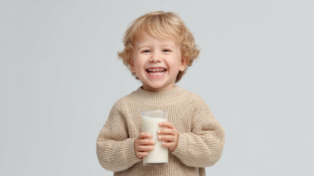 A cheerful toddler beams with joy as he holds a glass of milk, dressed in a soft sweater. This endearing image captures the essence of childhood happiness.の素材