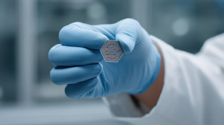 A laboratory professional showcases a hexagonal silicon chip with detailed patterns, emphasizing the intersection of science and technology in advanced research settings.の素材