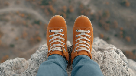 A close-up view of bright orange shoes perched on a rocky cliff, capturing a serene autumn landscape. The image evokes feelings of adventure and exploration in nature.の素材