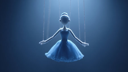Explore the enchanting world of puppetry with this stunning image of a puppet dancer in a blue tutu, poised in graceful movements under soft stage lights.の素材