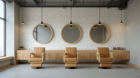 A beautifully designed beauty salon interior showcasing sleek chairs and round mirrors arranged against a white brick wall, creating a stylish and inviting atmosphere.の素材