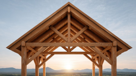 Captivating view of a wooden pavilion perfectly framed against a stunning sunset backdrop, showcasing nature's beauty in a tranquil setting surrounded by mountains.の素材