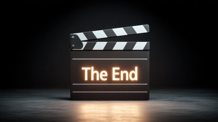 This image features a classic clapperboard displaying the phrase 'The End' illuminated against a dark backdrop, capturing the essence of film production and storytelling completion.の素材