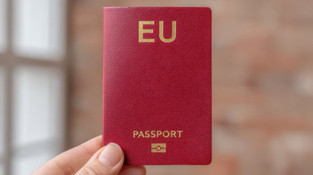 A close-up view of a European Union passport held in a person's hand, featuring a sleek leather cover and elegant gold lettering. The blurred background adds focus to the document, emphasizing its significance in travel and identity.の素材