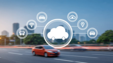 A vibrant urban scene showcases a red car on a bustling highway, illustrating the integration of smart transportation technology with cloud connectivity and innovation.の素材