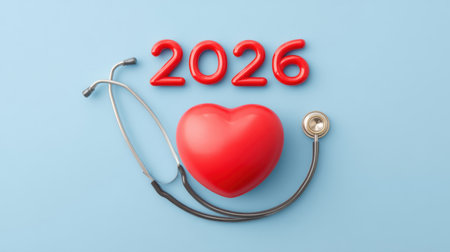 This vibrant illustration features a red heart and stethoscope, symbolizing health and wellness for the year 2026 against a calming blue backdrop.の素材