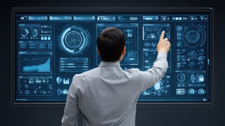 A businessman stands in front of a large touchscreen display, interacting with futuristic data analytics and visual graphs in a modern office environment.の素材
