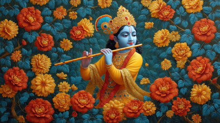 A captivating depiction of a blue figure wearing an ornate crown and playing a flute, surrounded by vivid orange and yellow flowers, evoking a serene and spiritual atmosphere.の素材