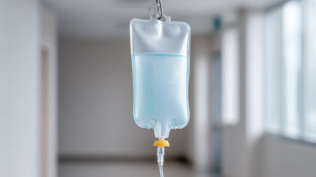 A clear IV drip bag hangs in a softly lit hospital corridor, representing a vital healthcare element in a clinical setting where patient care and treatment occur.の素材