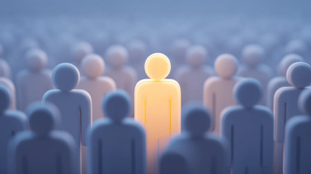 A single illuminated figure stands out in a sea of ordinary shapes, symbolizing the essence of individuality and the importance of unique presence in a crowd.の素材