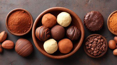 A visually stunning collection of assorted chocolate truffles and cocoa powder displayed in rustic bowls, perfect for enhancing dessert recipes and culinary art.の素材