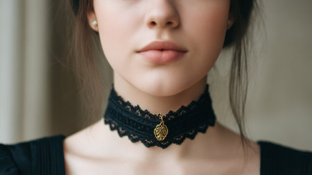 This close-up image features a young woman adorned with a black lace choker, highlighting her refined style and elegance under soft natural lighting for a beautiful effect.の素材
