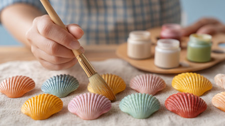 A vibrant crafting scene featuring hands painting colorful shells with a brush. Creative tools and paint pots evoke a sense of artistry and inspiration at home.の素材