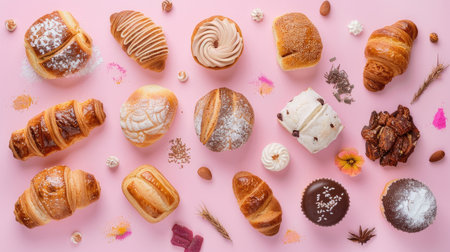 Variety of freshly baked pastries and breads on a soft pastel background, showcasing the delightful assortment of a bakeryの素材