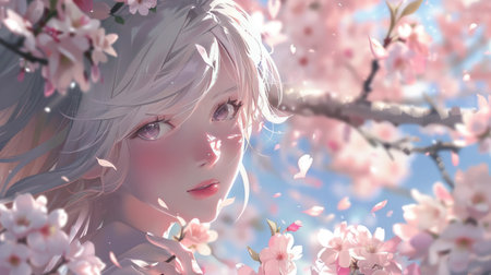 Whimsical anime girl with white hair, surrounded by beautiful sakura cherry blossoms.の素材
