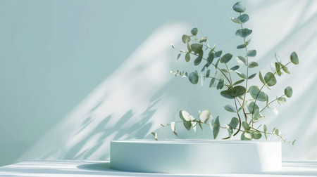 Elegant podium with green eucalyptus leaves, minimalist 3D product display, white and blue background, beauty mockup stage, studio renderの素材